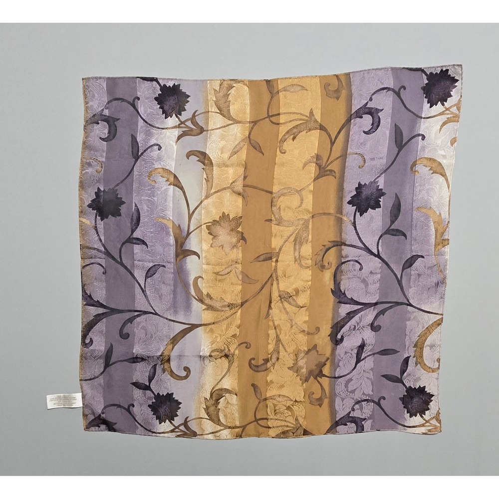 Jones New York Silk‎ Scarf Floral Stripe Damask Brown Purple Beige Square